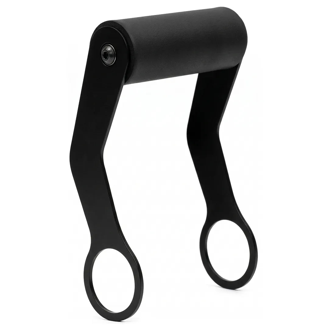 Angled view of a black metal resin tank handle with a cylindrical top grip and two circular base mounting holes.