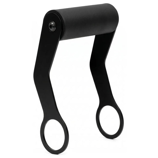 Angled view of a black metal resin tank handle with a cylindrical top grip and two circular base mounting holes.