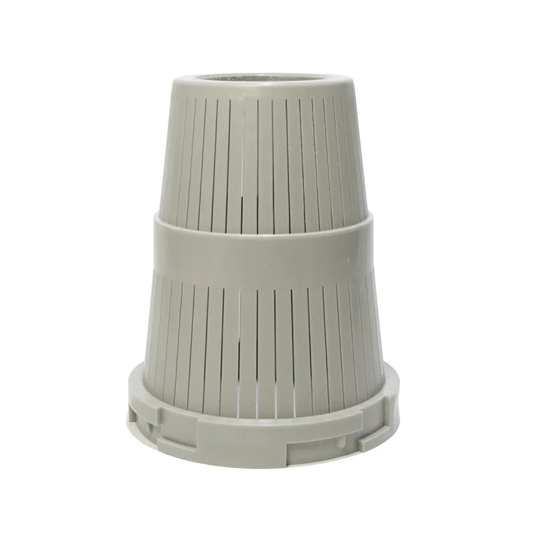 Upright profile view of a grey top Distributor Basket with vertical slots designed for use with a riser tube.