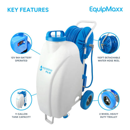 Product feature highlighting the Pro45s 12V 9AH battery, 150ft detachable hose reel, and two-wheel heavy-duty trolley design. 
