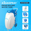 Product feature highlighting the Pro45s 12V 9AH battery, 150ft detachable hose reel, and two-wheel heavy-duty trolley design. 