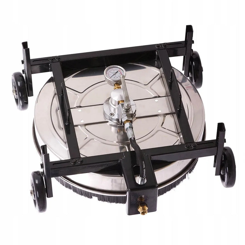 21" Stainless Steel Rotating Roof Cleaner for Pressure Washers, top view showing round steel deck, black frame, four wheels, gauge and hose