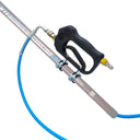Trigger handle of the 35ft softwash conversion kit clamped to the carbon fiber pole with the blue hose connected.