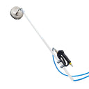 Fully assembled 35ft softwash conversion kit showing the extended pole, trigger handle, blue hose, and round 12 inch surface cleaner.