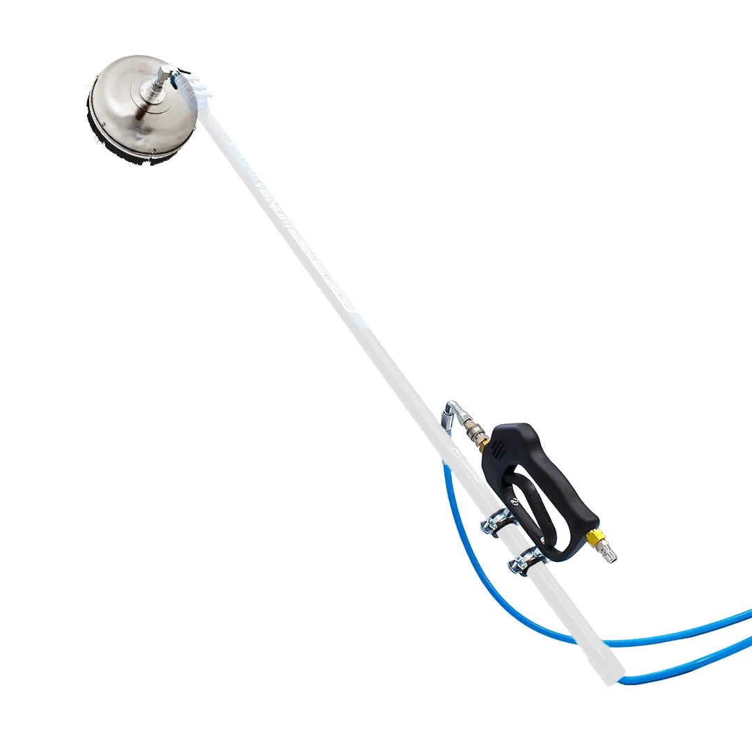 Fully assembled 35ft softwash conversion kit showing the extended pole, trigger handle, blue hose, and round 12 inch surface cleaner.