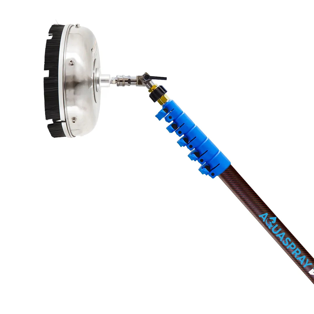 Top section of the 35ft softwash conversion kit displaying the Kevlar coated carbon pole, angled joint, and stainless 12 inch surface cleaner.