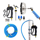 Component overview of the 35ft softwash conversion kit, including the trigger handle, 35ft blue hose and 12 inch surface cleaner.