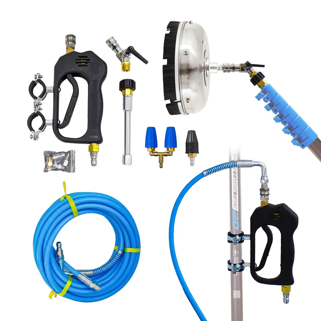 Component overview of the 35ft softwash conversion kit, including the trigger handle, 35ft blue hose and 12 inch surface cleaner.