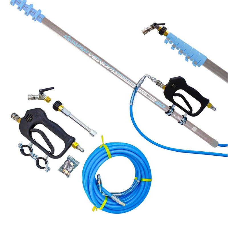 Alt Text: Flat lay of a 35ft softwash conversion kit showing a coiled blue hose, trigger gun, top connector piece and metal fittings.