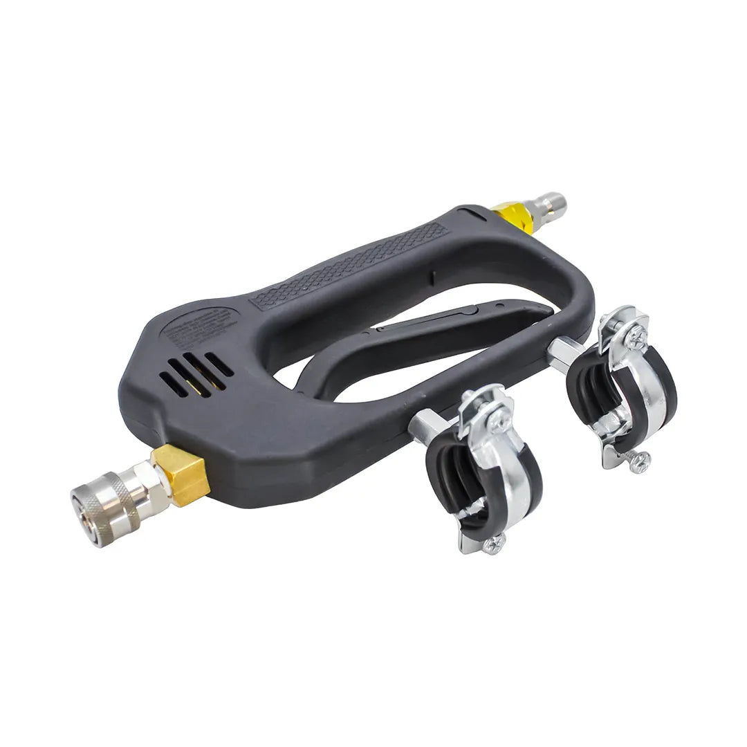 Black trigger handle for the 35ft softwash conversion kit featuring side-mounted metal pole clamps and brass fittings.