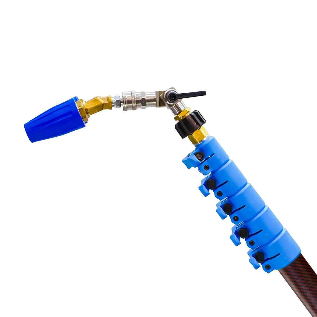 Softwash conversion kit pole with blue clamps, top nozzle mount, and a blue twin turbo nozzle.