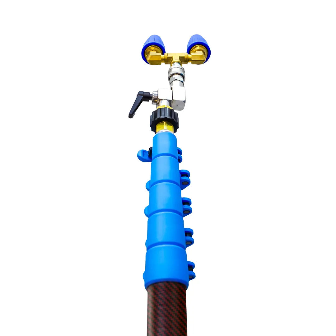 Extended carbon fiber pole with blue locking clamps leading up to a brass T-fitting and dual blue nozzles.