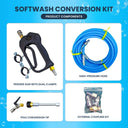 Product components of a water fed pole conversion kit: trigger gun with clamps, blue hose, pole tip, and couplings.