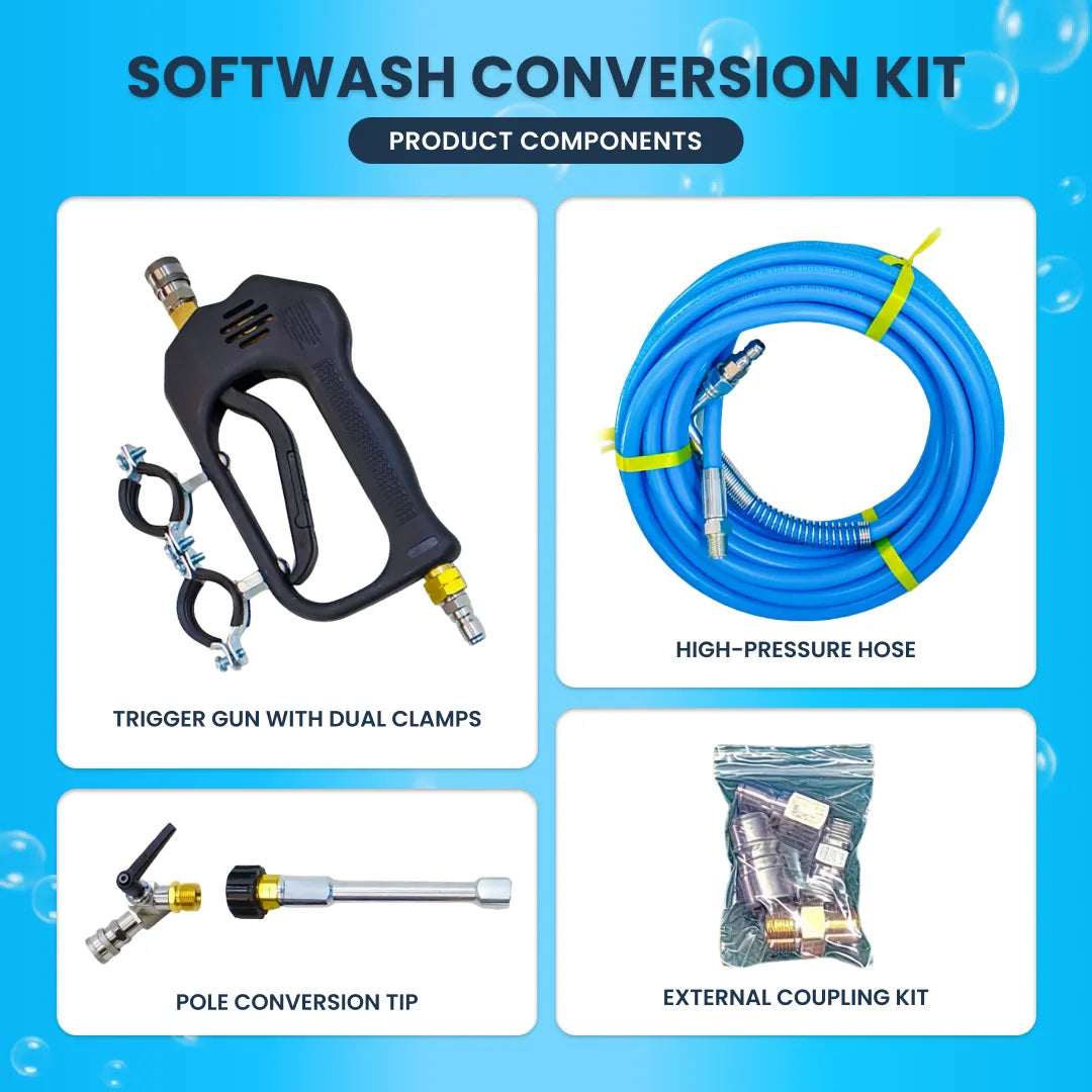 Product components of a water fed pole conversion kit: trigger gun with clamps, blue hose, pole tip, and couplings.