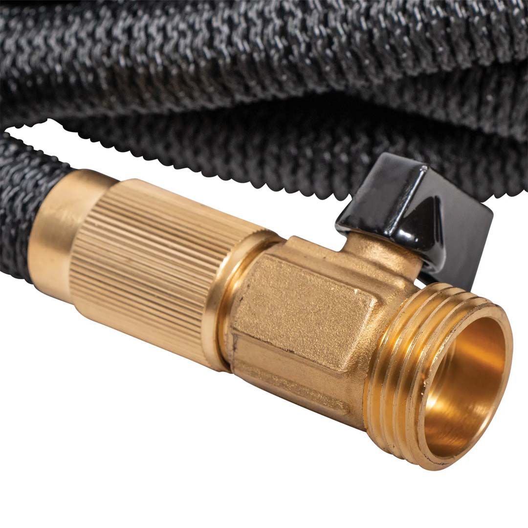 The braided water hose with its integrated shutoff valve shown in a close-up view.