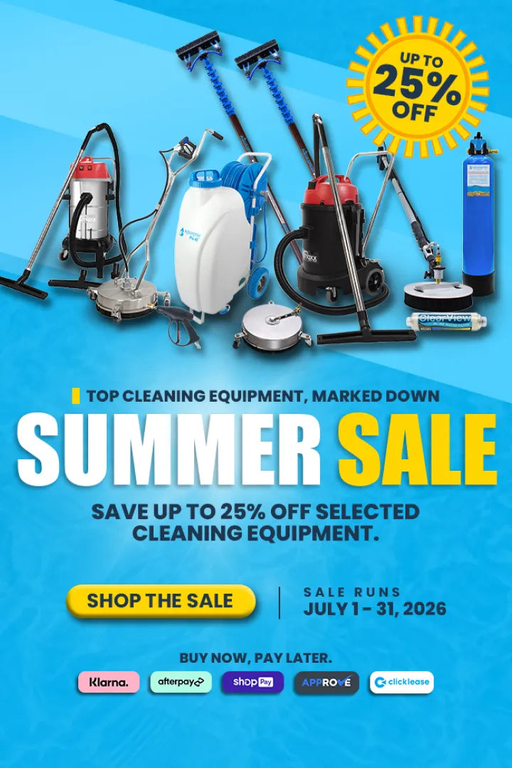Summer Sale banner, up to 25% off select cleaning equipment, sale July 1-31 2026, with vacuums and poles and buy now pay later