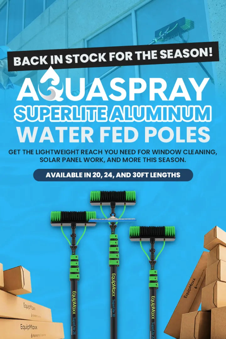 Back in stock: Aquaspray Superlite Aluminum Water Fed Poles. Available in 20ft, 24ft, and 30ft lengths for window cleaning.