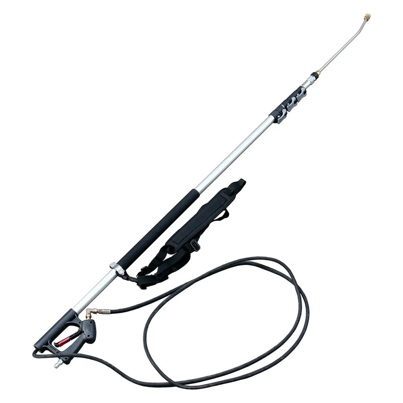 24 ft Aluminum Telescoping Pressure Washer Wand with Trigger Gun & Belt, extended silver wand with trigger gun, hose, support belt and curved tip