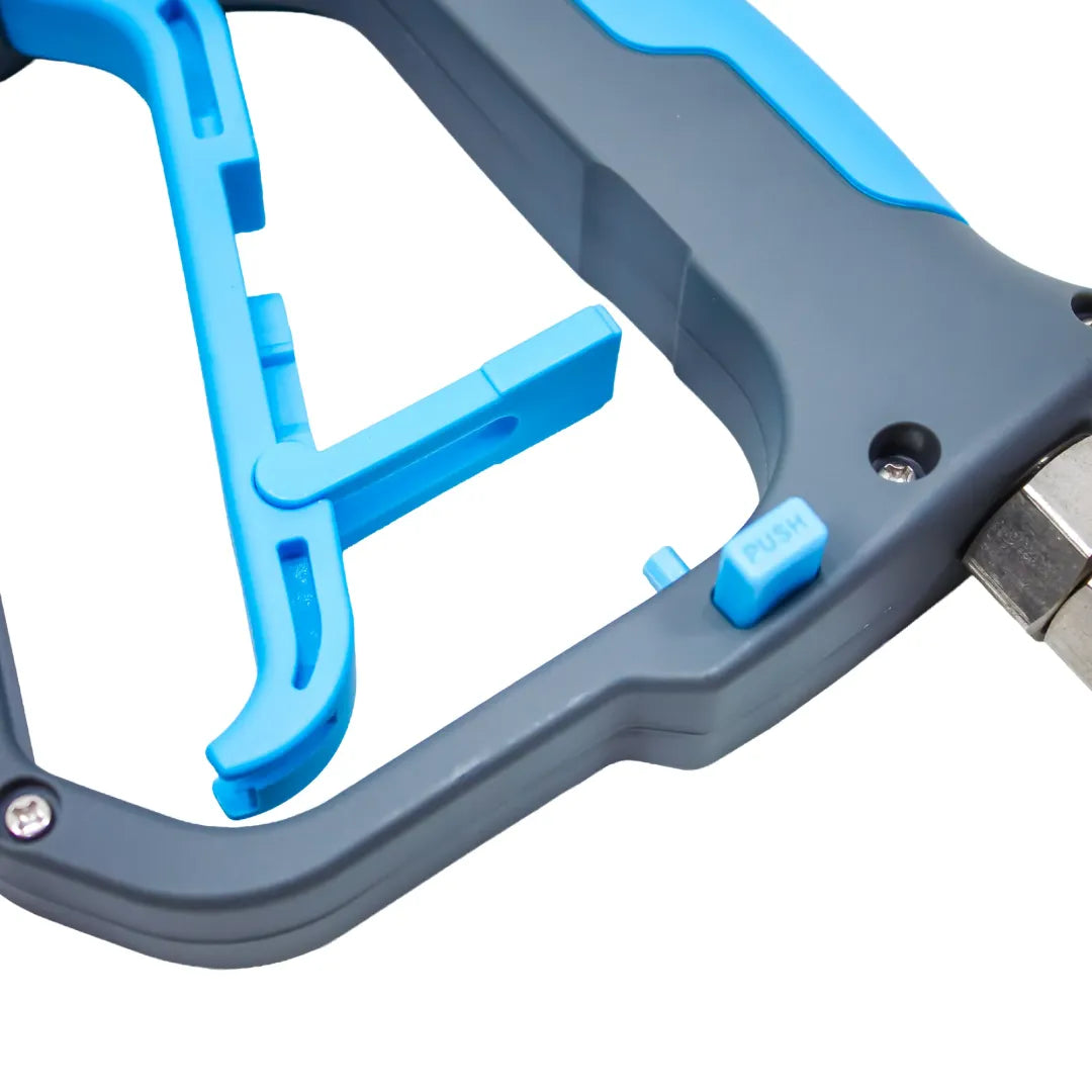 Heavy-duty pressure washer trigger gun 5000psi with 4-nozzle storage, close-up of the blue trigger, hand guard and PUSH release button