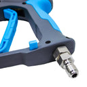 Heavy-duty pressure washer trigger gun 5000psi with 4-nozzle storage, close-up of the stainless quick-connect outlet plug and PUSH button