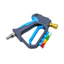Heavy-duty pressure washer trigger gun 5000psi with 4-nozzle storage, angled view with the four colored spray nozzles loaded in the holders