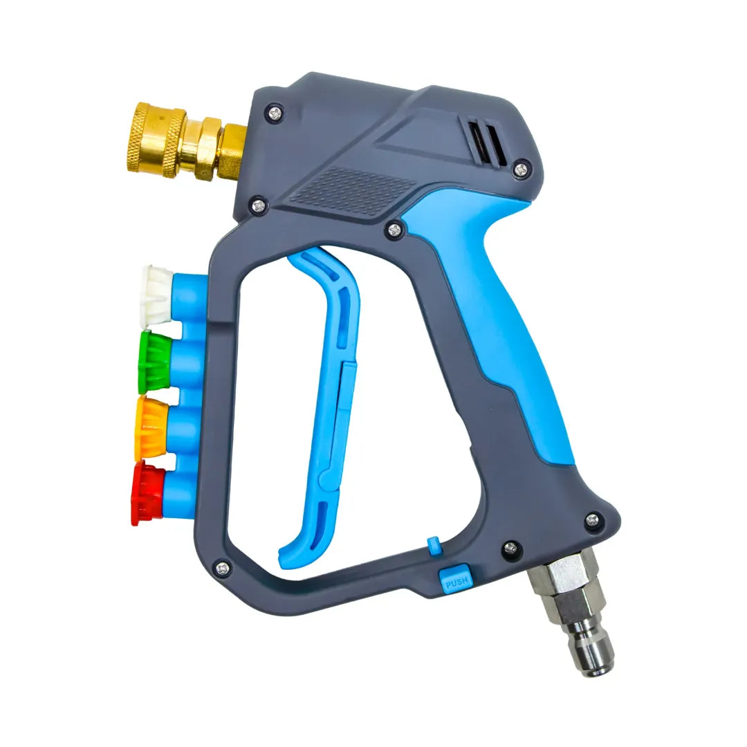 Heavy-duty pressure washer trigger gun 5000psi with 4-nozzle storage, side profile with red, yellow, green and white nozzles in the holders