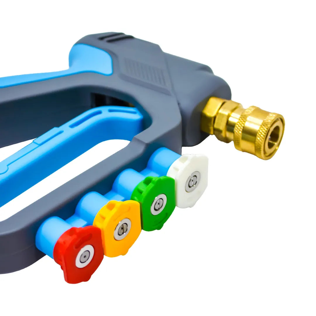 Heavy-duty pressure washer trigger gun 5000psi with 4-nozzle storage, close-up of the four colored spray nozzles seated in their holders