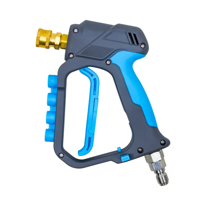 Heavy-duty pressure washer trigger gun 5000psi with 4-nozzle storage, side view with brass quick-connect inlet and four empty nozzle holders