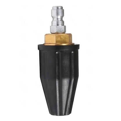 Vertical side profile of a hot and cold turbo nozzle pointing downward with the silver plug at the top.