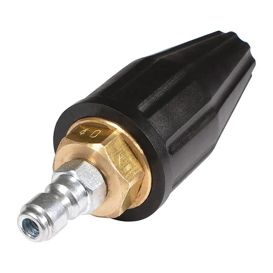 Assembled hot and cold turbo nozzle showing the silver quick-connect plug threaded into the brass base.