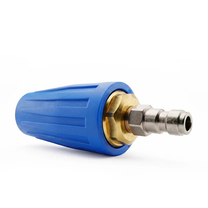 High pressure turbo nozzle 4000 PSI 4.0 GPM hot and cold water, angled view highlighting the brass fitting and stainless quick-connect plug