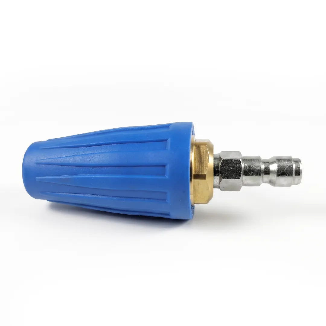 High pressure turbo nozzle 4000 PSI 4.0 GPM hot and cold water, side profile of the blue rotating head, brass collar and steel plug