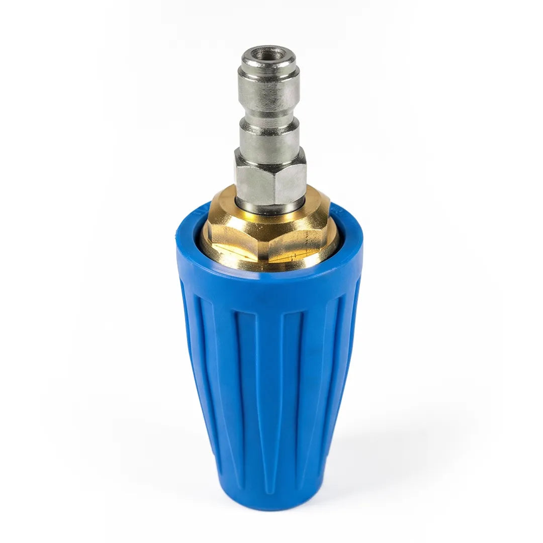 High pressure turbo nozzle 4000 PSI 4.0 GPM hot and cold water, stood on its spray tip with the brass nut and plug facing up