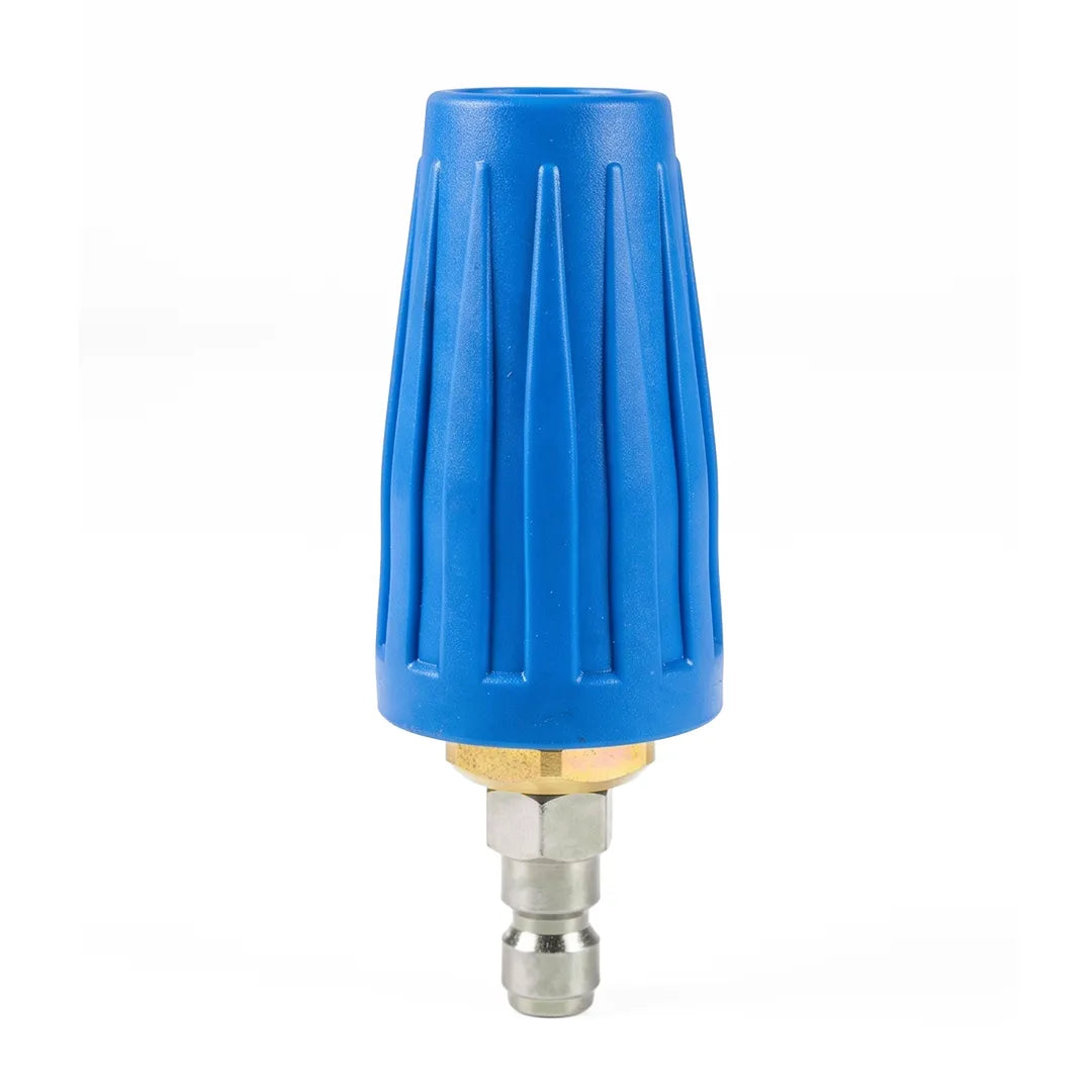 High pressure turbo nozzle 4000 PSI 4.0 GPM hot and cold water, standing upright with the spray tip up and quick-connect plug below