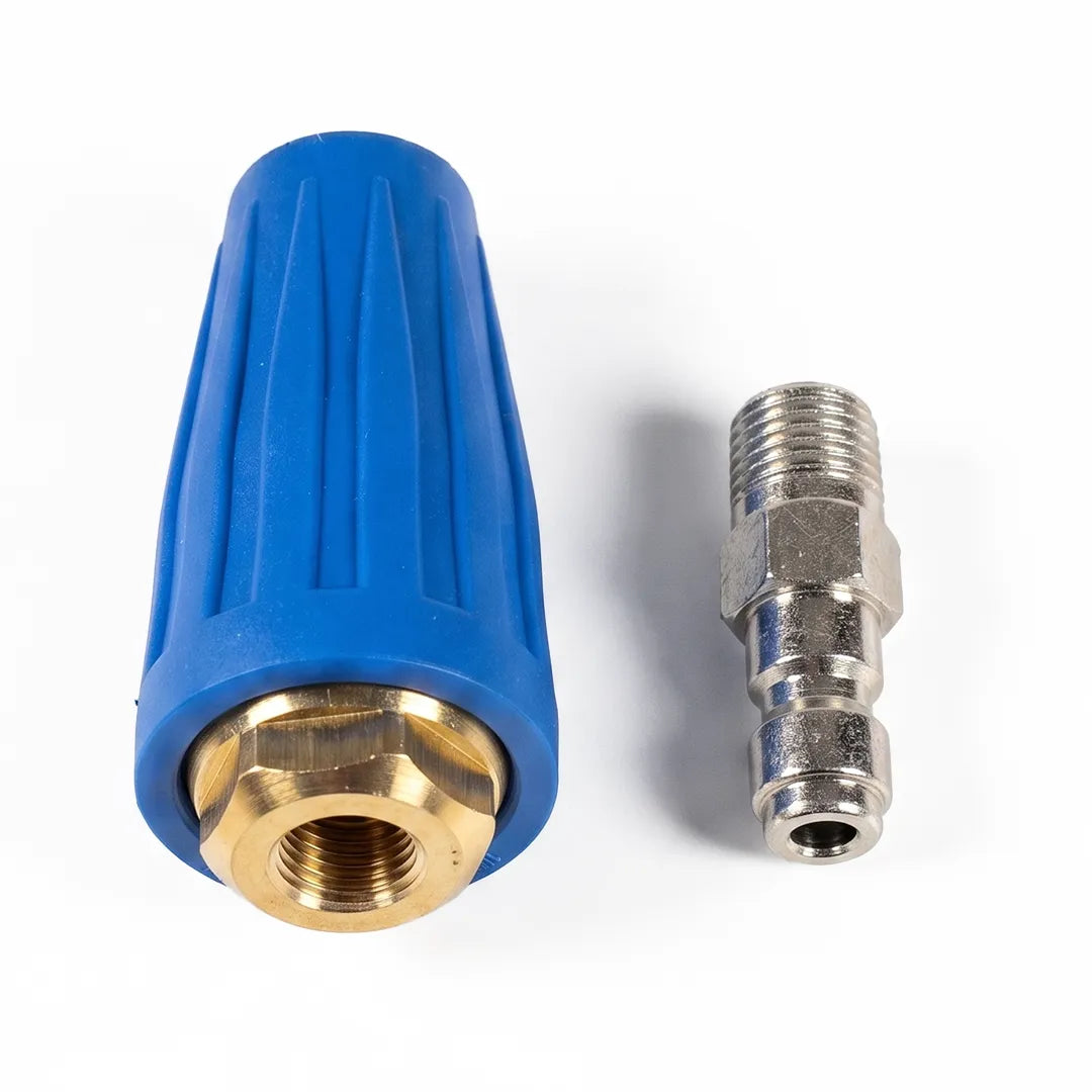 High pressure turbo nozzle 4000 PSI 4.0 GPM hot and cold water, nozzle body beside its detached plug showing the brass inlet threads
