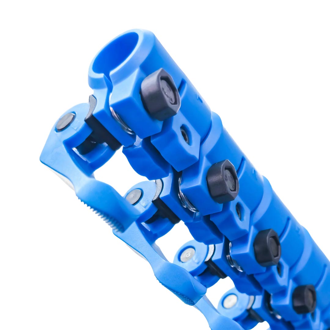 Close-up of an anti-spin clamp on a water-fed pole, designed for secure locking and stability.