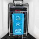 Slanted view of the 4.2 gallon backpack tank featuring a white tank and black base with label of flow rate, capacity and battery.