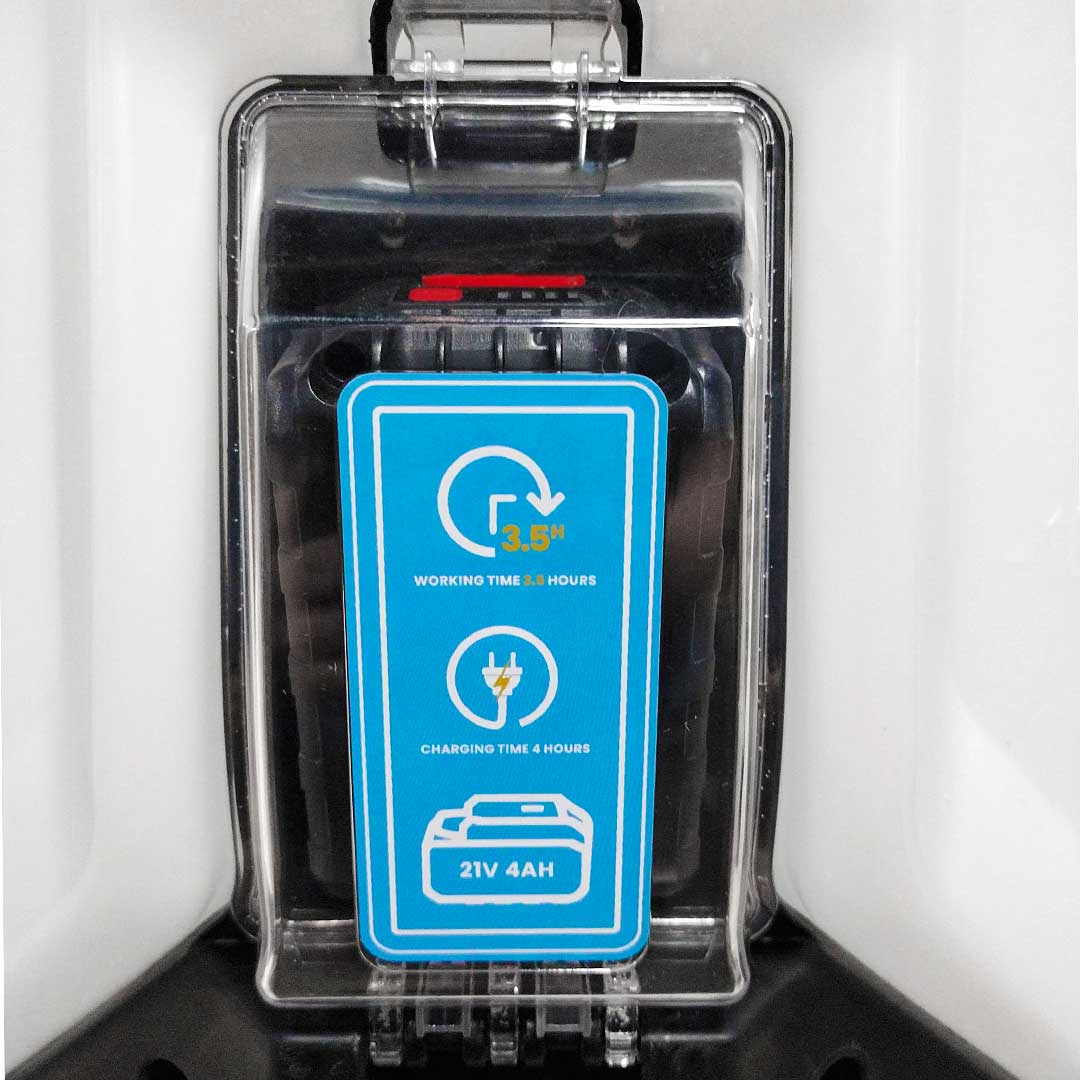 Slanted view of the 4.2 gallon backpack tank featuring a white tank and black base with label of flow rate, capacity and battery.
