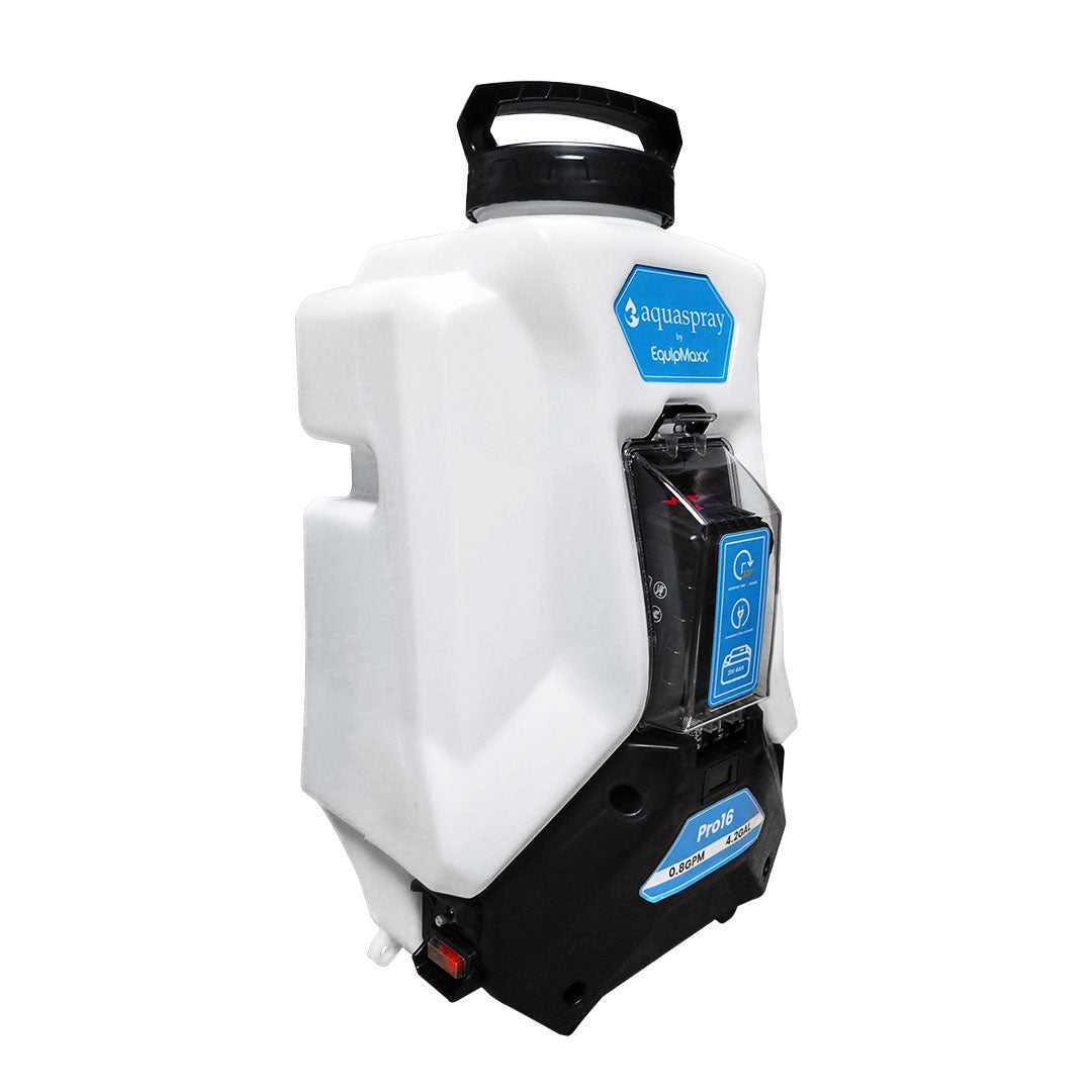 AquaSpray Backpack right side profile featuring a portable white water tank equipped with black straps and a switch on the side.