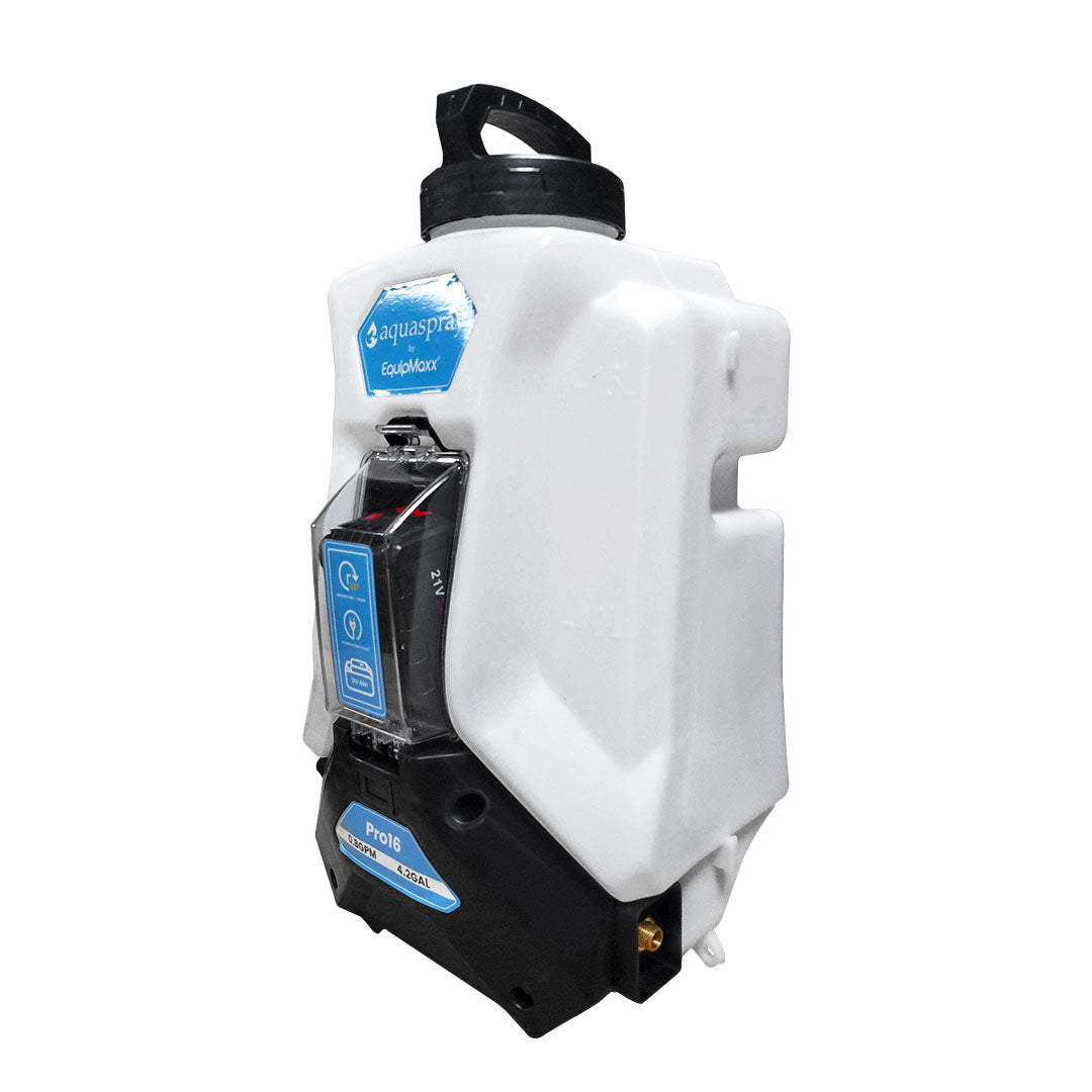Left side profile of Pro16 backpack showing the white water tank with black straps support.