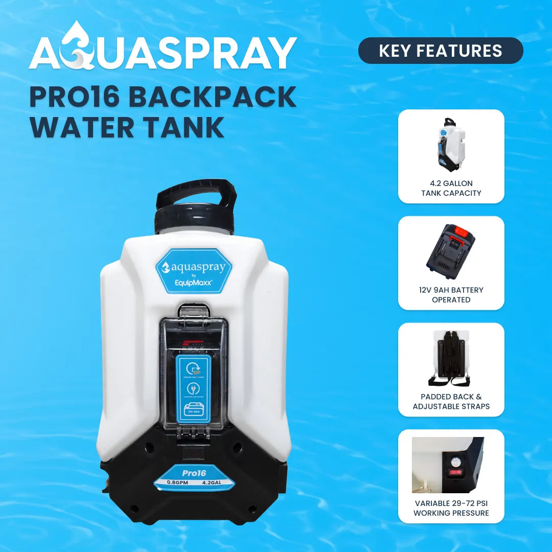 Product feature highlighting the Pro16s 12V 9AH battery, adjustable straps and padded support, and and a control panel.