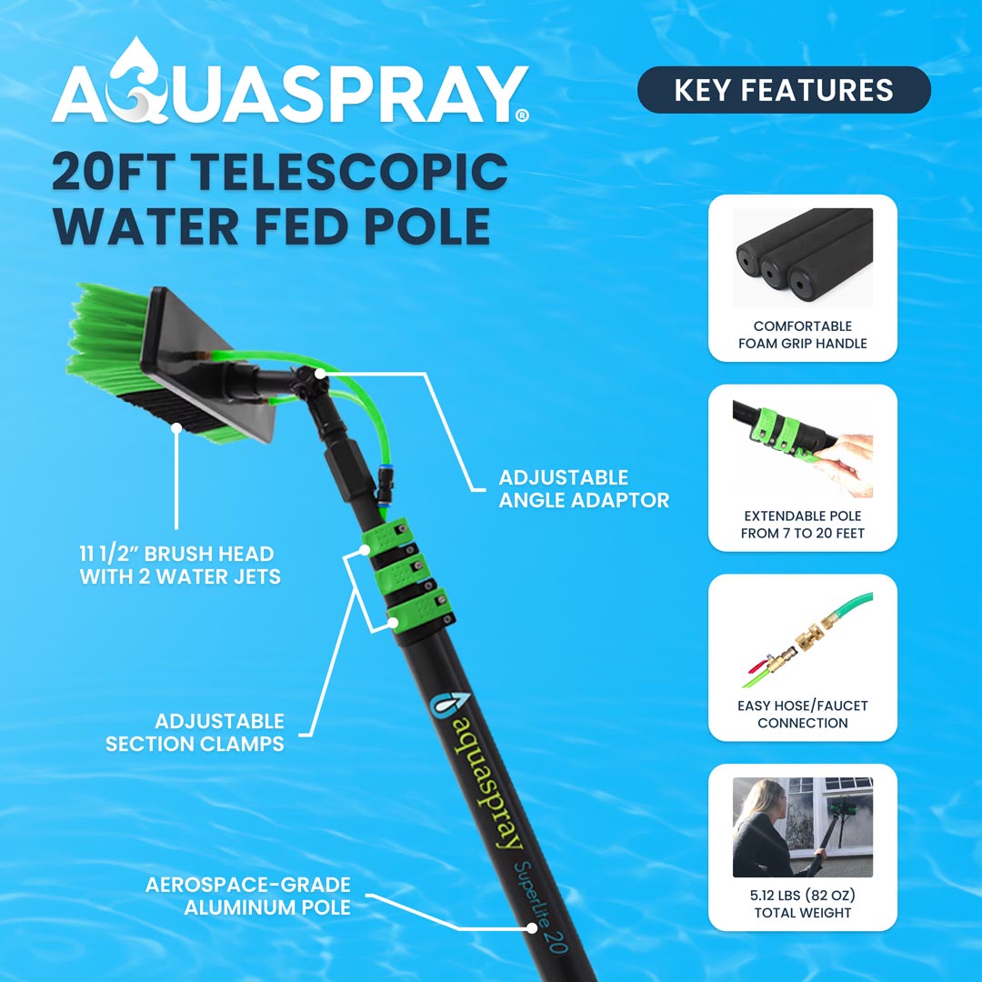 Key features infographic of the 20ft Aluminum Water Fed Pole