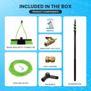 Inside the Box - Water Fed Pole product components showing brush head, brass valve, hose, gooseneck, coupling, pole, and manual.