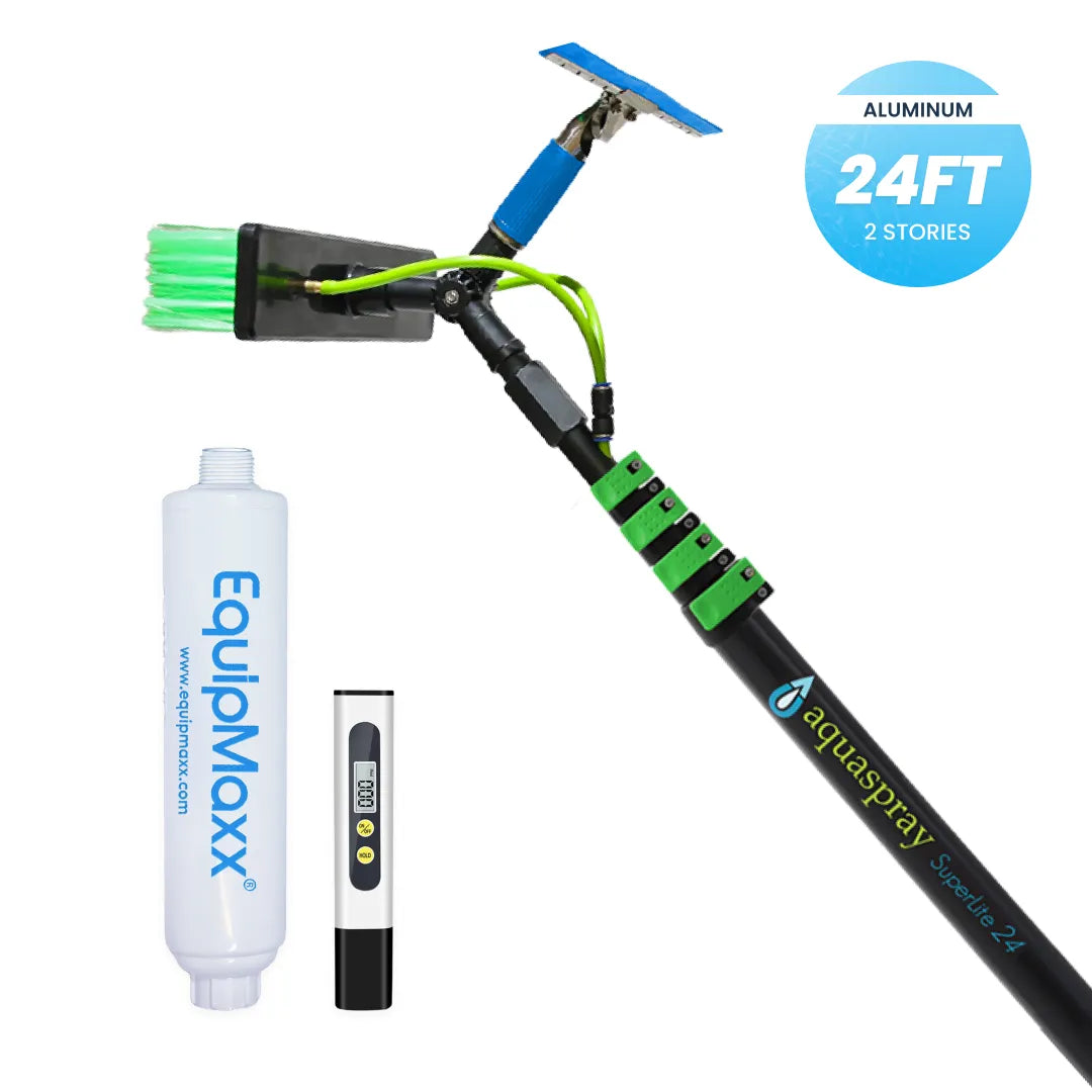 Aquaspray Telescopic Pole Kit with Double Gooseneck, Squeegee, Inline Water Filter, and TDS Meter