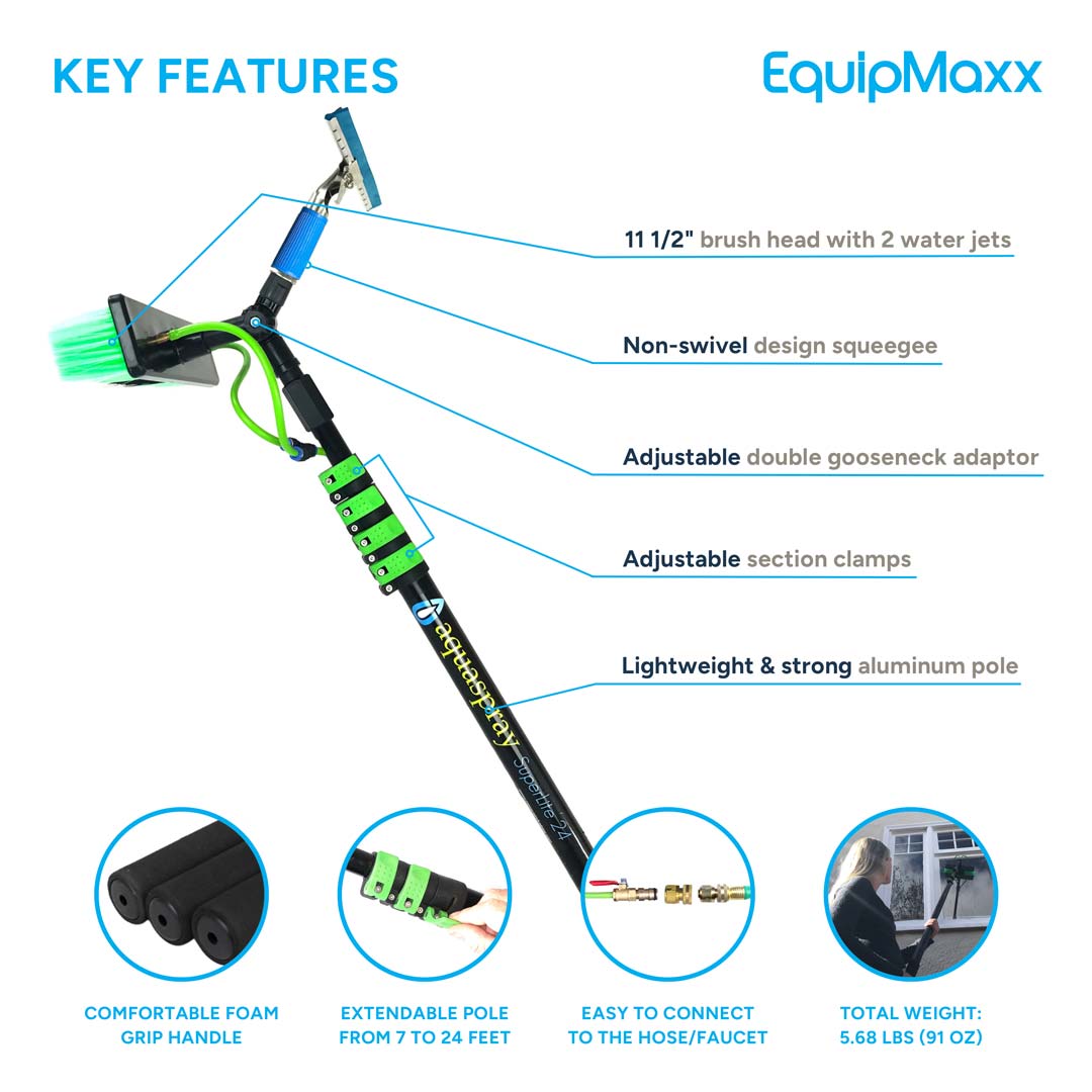 Key features infographic of the 24ft Aluminum Water Fed Pole with Squeegee