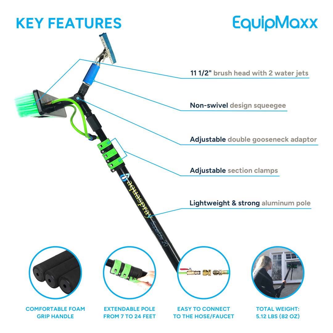 Key features infographic of the 30ft Aluminum Water Fed Pole with Squeegee
