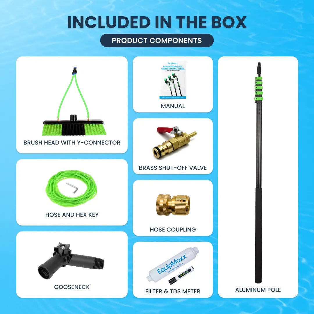 Included parts of an aluminum water fed pole with inline water filter and tds meter: brush, hose, gooseneck, and valves.