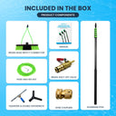Included parts of an aluminum water fed pole with squeegee: brush, hose, squeegee, double gooseneck, valves, and pole.