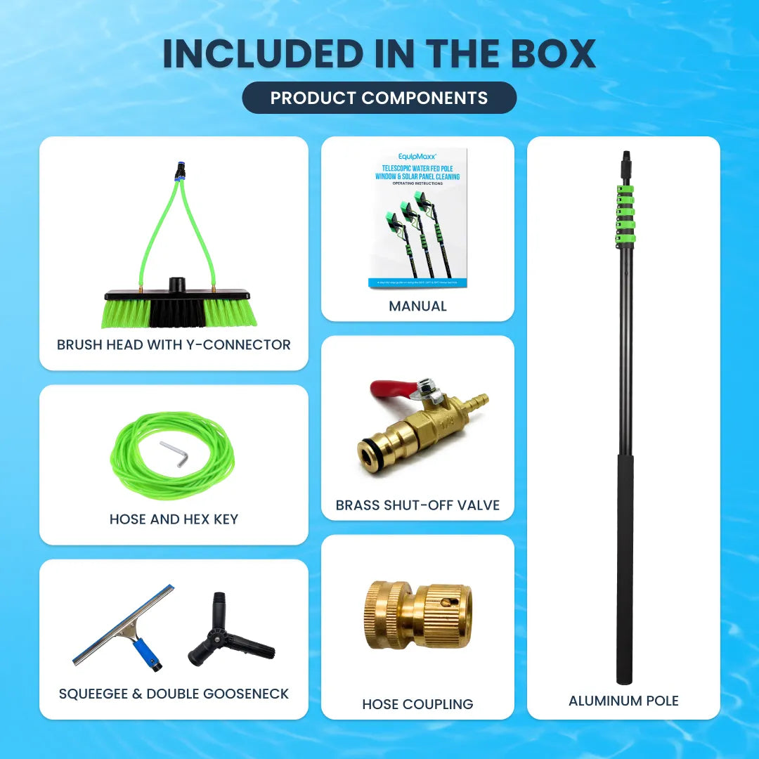 Included parts of an aluminum water fed pole with squeegee: brush, hose, squeegee, double gooseneck, valves, and pole.