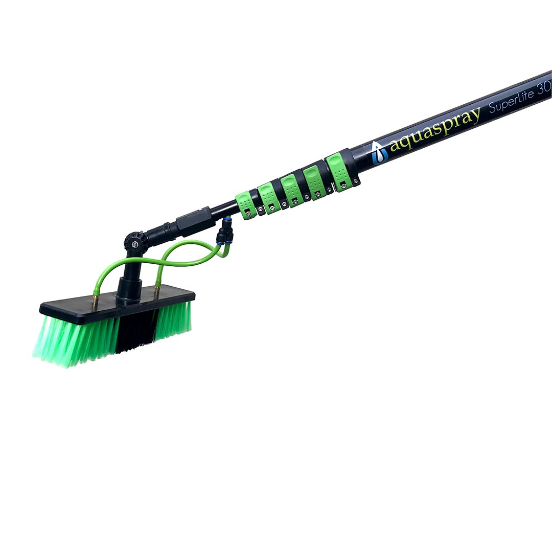 Side View of the Aluminum Water Fed Pole, showing the telescopic pole with green brush head and hoses.